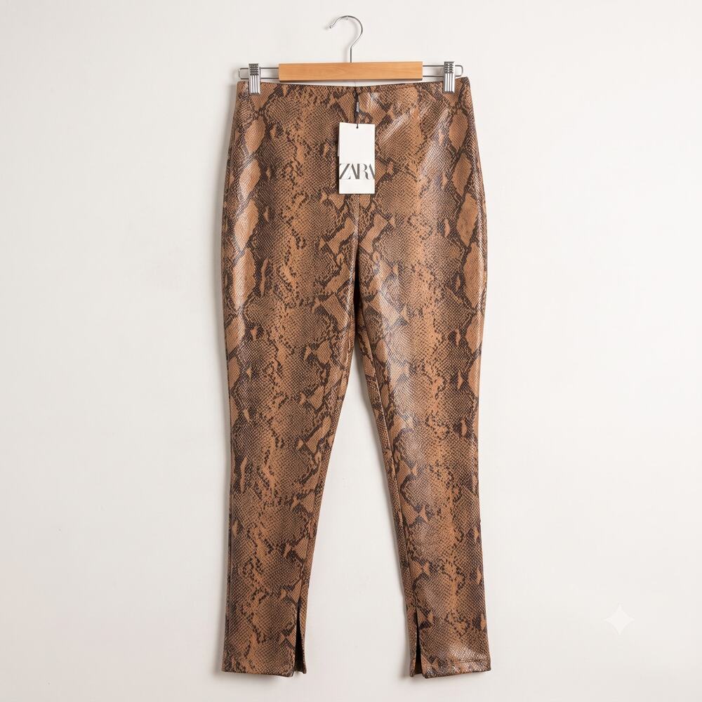 NWT Zara Womens L Edgy Glam Vixen Snake Print Faux Leather High Rise Zip Legging